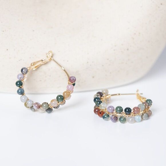 18K Gold Plated Boho Style Hoop Earrings 18K Colorful Natural Stone Hoops Gift - Picture 7 of 7